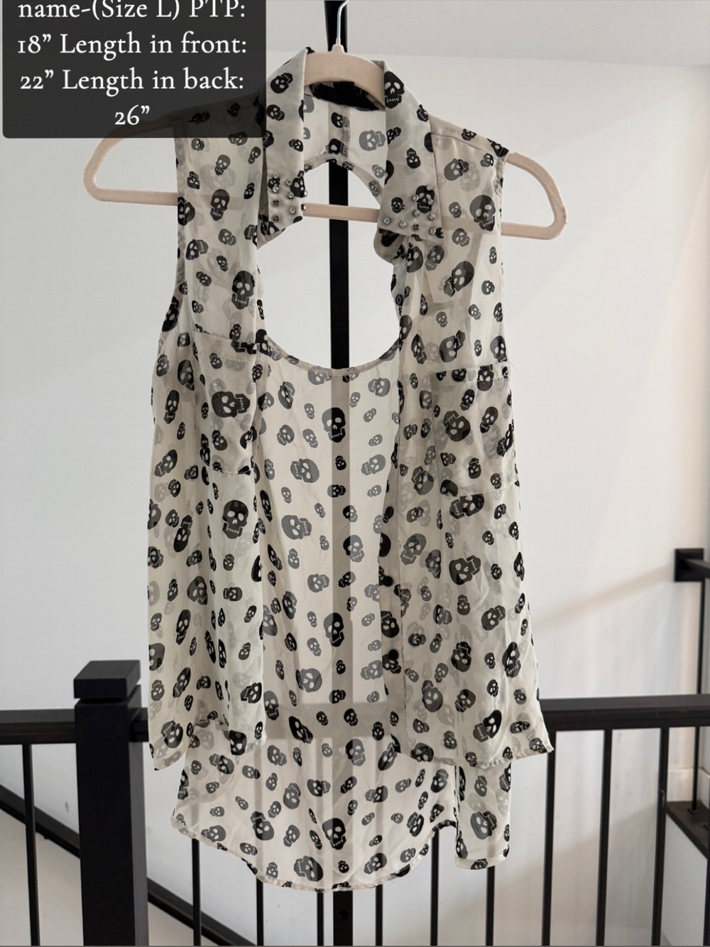 Sleeveless Skull Print Collared Tank - Black on Cream
